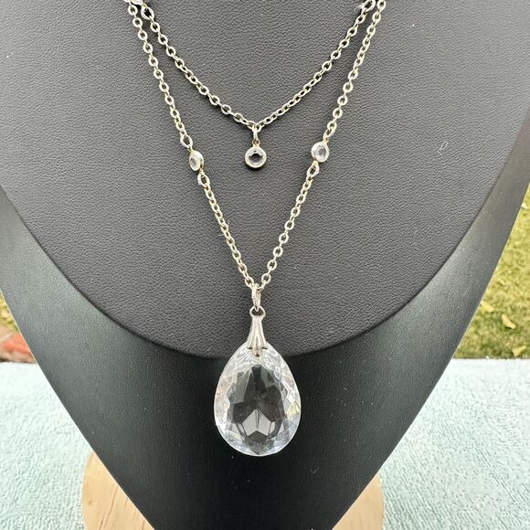 Act II Crystal Layered Chain Drop Necklace Silver Tone Teardrop Pendant Stack - Picture 2 of 5